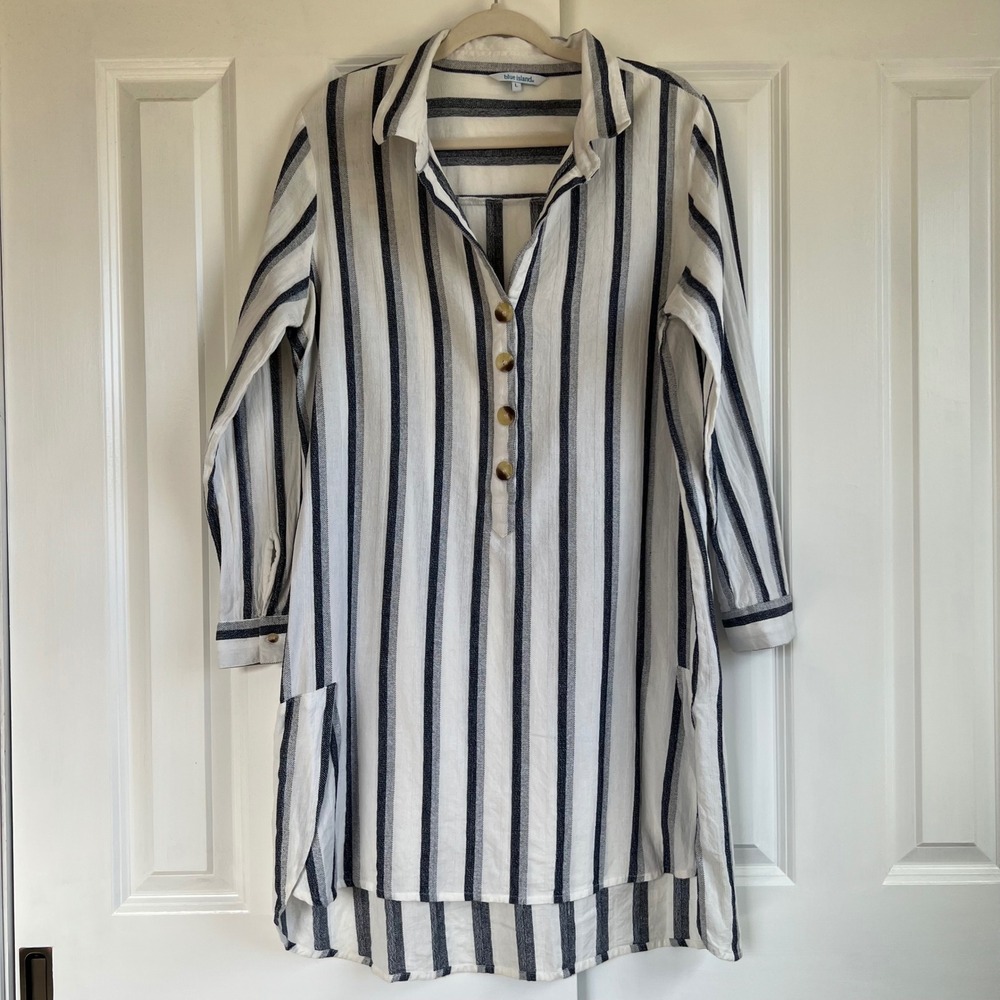 Blue Island Navy White Striped 100% Cotton Beachy Resort Wear Shirt Dress Size L